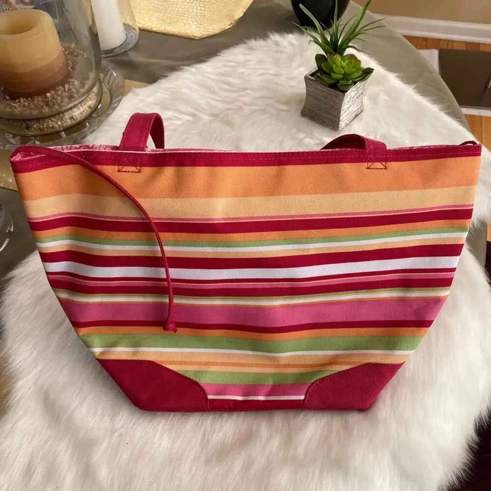 Colorful Striped Tote Bag with Pink Interior